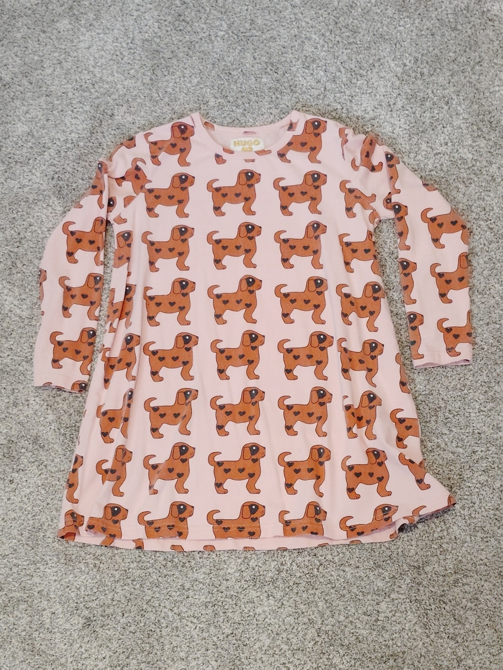 Hugo Loves Tiki Pink Long-Sleeve Tee Dress with Brown Dog Print
